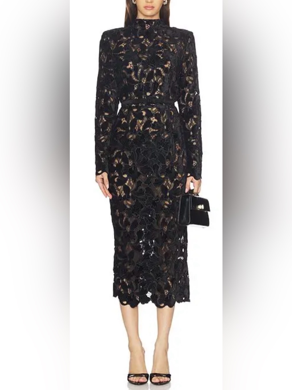 New Nadine Merabi Diane High Neck Long Sleeves Black Midi Pencil Dress Sz 2